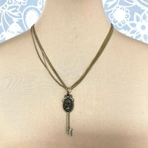 necklace vintage key multi-chain hangs at 13" crown bow bronze color
